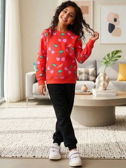 ANTHRILO - Cherry Red Fleece Girls Sweatshirt Black Jogger Set