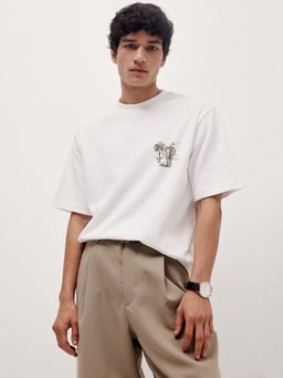 Andamen - Men White Casual Print Cotton Blend Relaxed Fit Crew T-Shirt