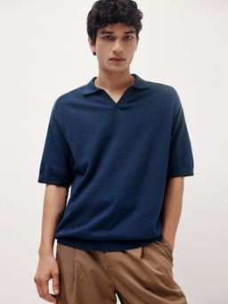 Andamen - Men Blue Casual Structured Cotton Relaxed Fit Polo T-Shirt