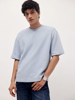 Andamen - Men Blue Casual Waffle Cotton Relaxed Fit Crew T-Shirt