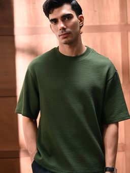 Andamen - Men Olive Casual Waffle Cotton Relaxed Fit Crew T-Shirt