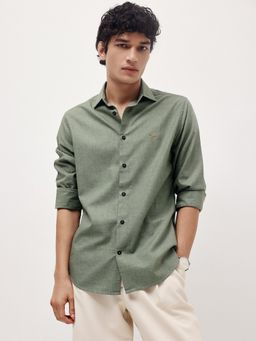 Andamen - Green Men Semi Casual Melange Cotton Slim Fit Shirt