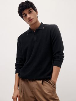 Andamen - Men Wool Blend Black Collar Neck Sweater