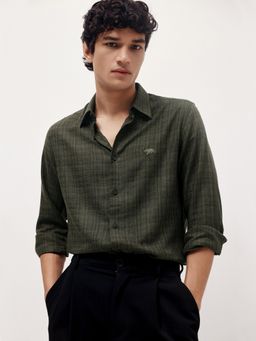 Andamen - Olive Men Semi Casual Melange Cotton Slim Fit Shirt