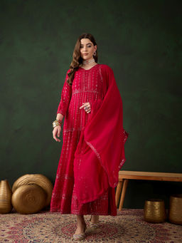 Miss Ethnik - Pink Embellished Anarkali Set (Set of 3)