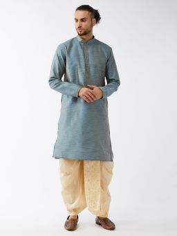 Vastramay - Mens Blue & Gold Silk Blend Kurta with Dhoti (Set of 2)