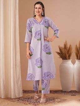 FASHOR - Women Floral Printed Kurta with Pant - Lavender (Set of 2)