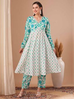 FASHOR - Women Floral Printed Flared Kurta with Pant - White- Blue (Set of 2)