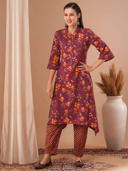 FASHOR - Women Floral Printed A-Line Kurta with Pant - Purple (Set of 2)
