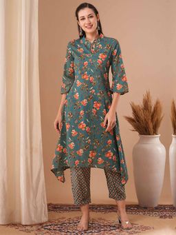FASHOR - Women Floral Printed A-Line Kurta with Pant - Teal (Set of 2)