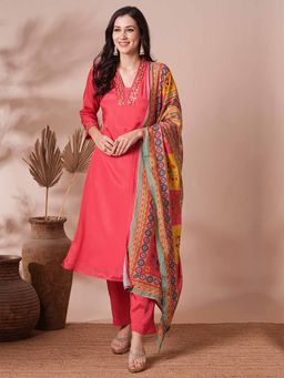 FASHOR - Women Solid Embroidered Kurta with Pant and Dupatta - Pink (Set of 3)