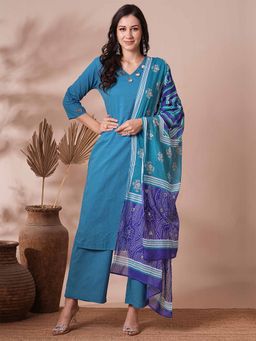 FASHOR - Women Solid Mirror Work Kurta with Palazzo and Dupatta - Blue (Set of 3)