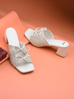 Styli - Women Net Embroidered Fabric Top Knot Detail Block Sandals Heels