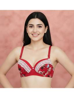 Shyaway - Bright Red Padded Wired Lacework Half Coverage Push-Up Fashion Bra