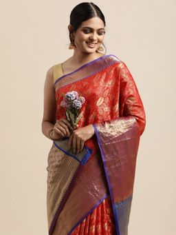 Vastranand - Red & Gold-Toned Woven Design Zari Silk Blend Kanjeevaram Saree with Unstitched Blouse