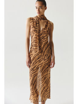 H&M - Women Beige Scarf-Collar Midi Dress