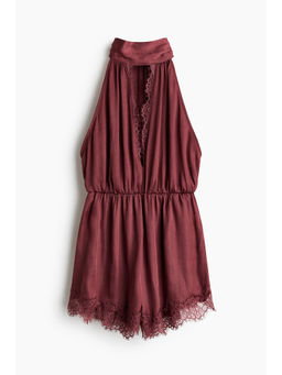 H&M - Women Red Lace-Trimmed Halterneck Playsuit