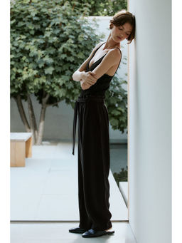 H&M - Women Black Tie-Belt Barrel Trousers