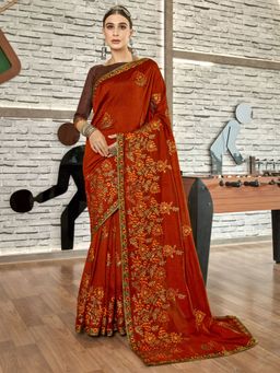Odette - Rust Designer Thread Embroidered Saree with Unstitched Blouse