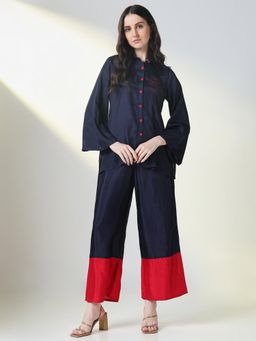SHOWOFF - Women Navy Blue Embroidered Co-Ord (Set of 2)