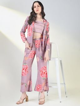 SHOWOFF - Women Purple Floral Printed Overcoat Co-Ord (Set of 3)