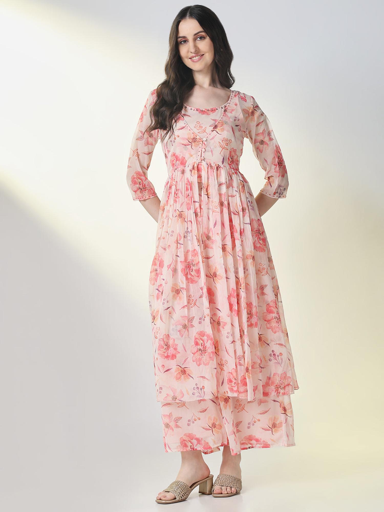 showoffff Women Peach Floral Embellished Overcoat Co-Ord (Set of 3)-picture-24