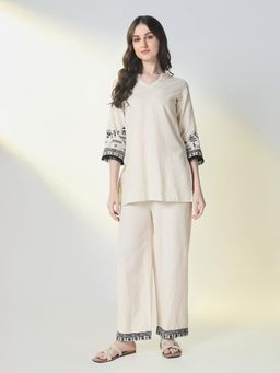 SHOWOFF - Women Cream Embroidered Co-Ord (Set of 2)