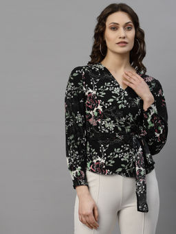Style Quotient - Women Black and multi Floral Printed Polycrepe Smart Casual Top