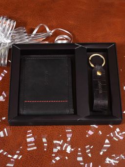 Sassora - Black and Red Premium Leather Men Rfid Wallet & Keychain Combo Gift Set