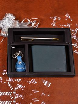 Sassora - Blue Premium Leather Men Rfid Wallet & Keychain and Pen Combo Gift Set