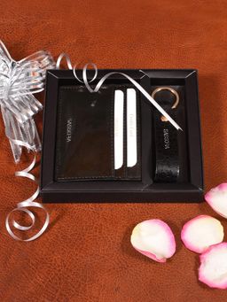 Sassora - Black Premium Leather Unisex Rfid Card Holder & Keychain Combo Gift Set