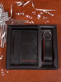 Sassora - Black and Red Premium Leather Unisex Rfid Card Holder & Keychain Combo Gift Set