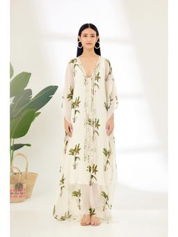 Nikasha - Off White Hand Painted Banana Tree Print Maxi Dress with Tassels