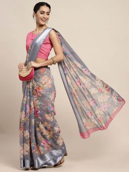 Odette - Linen Grey Printed Designer Saree with Unstitched Blouse