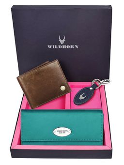 WILDHORN - Premium Leather Ladies Wallet, Mens Wallet and Keychain Gift -1K_TE_2052BRC_K (Set of 3)