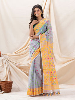 Angoshobha - Traditional Light Blue Soft Dhakai Jamdani Saree with Unstitched Blouse