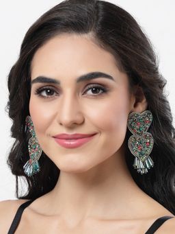 Moedbuille - Handcrafted Sequins Beads & Crystals Studded Heart Shape Silver Plated Tassel Chandbalis