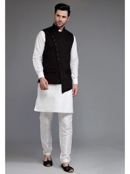UTSAV FASHION - Off White Art Silk Suede Black Kurta with Pyjama and Nehru Jacket
