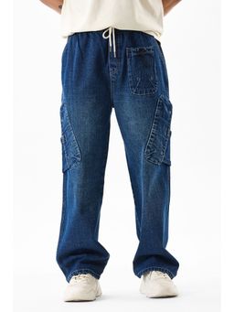 Snitch - Blue Textured Relaxed Casual Cargo Jeans for Men