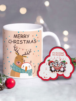 Indigifts - Christmas Mugs Merry Christmas Printed Pink Coffee Mug & Fridge Magnet Combo