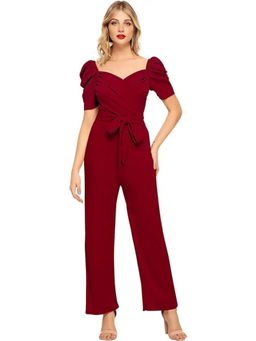 Odette - Women Maroon Polyester Blend Jumpsuit with Belt (Set of 2)
