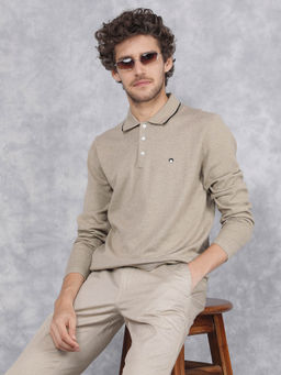 CRIMSOUNE CLUB - Men's Beige Collar Neck Long Sleeves T-Shirt