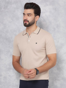 CRIMSOUNE CLUB - Men's Beige Collar Neck Knitted Polo T-Shirt