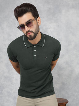 CRIMSOUNE CLUB - Men's Green Collar Neck Knitted Polo T-Shirt