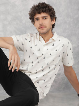 CRIMSOUNE CLUB - Men's White Printed Collar Neck Polo T-Shirt