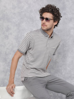 CRIMSOUNE CLUB - Men's Grey Horizontal Stripes Collar Neck Polo T-Shirt