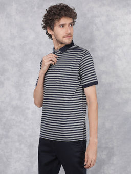 CRIMSOUNE CLUB - Men's Navy Blue Horizontal Stripes Collar Neck Polo T-Shirt