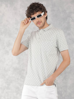 CRIMSOUNE CLUB - Men's Grey Printed Collar Neck Polo T-Shirt
