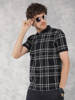 CRIMSOUNE CLUB - Men's Navy Blue Checks Collar Neck Polo T-Shirt