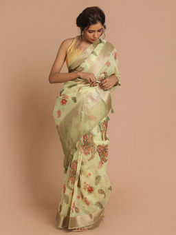 Indethnic - Banarasi Lime Green Printed Party Wear Saree With Unstitched Blouse